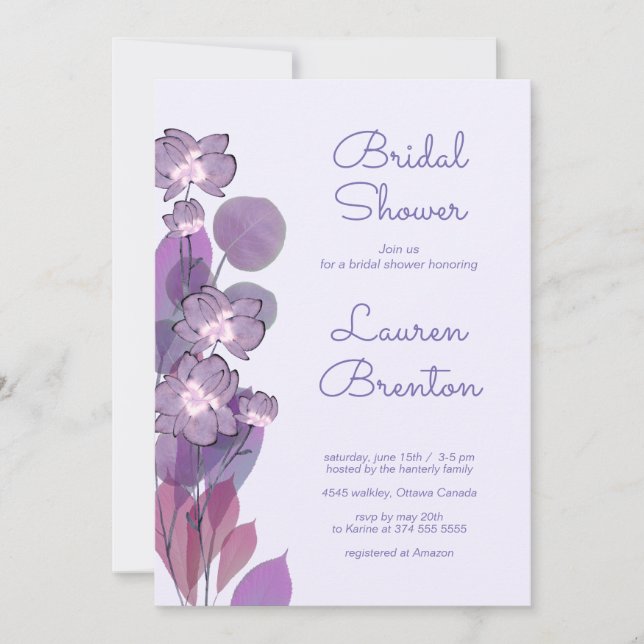 Mauve purple periwinkle floral Bridal Shower Invitation (Front)