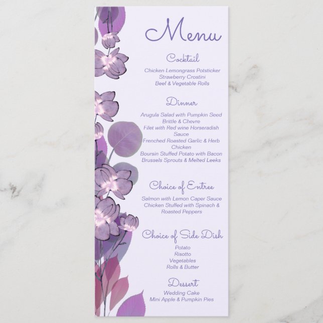Mauve purple periwinkle floral Wedding   Menu (Front)