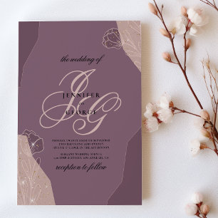 Mauve purple pink monogram initials floral wedding invitation
