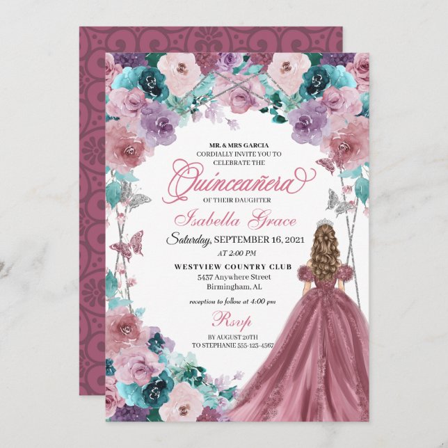 Mauve Purple Teal Pink Sunset Quinceanera  Invitation (Front/Back)
