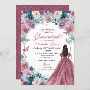 Mauve Purple Teal Pink Sunset Quinceanera  Invitation