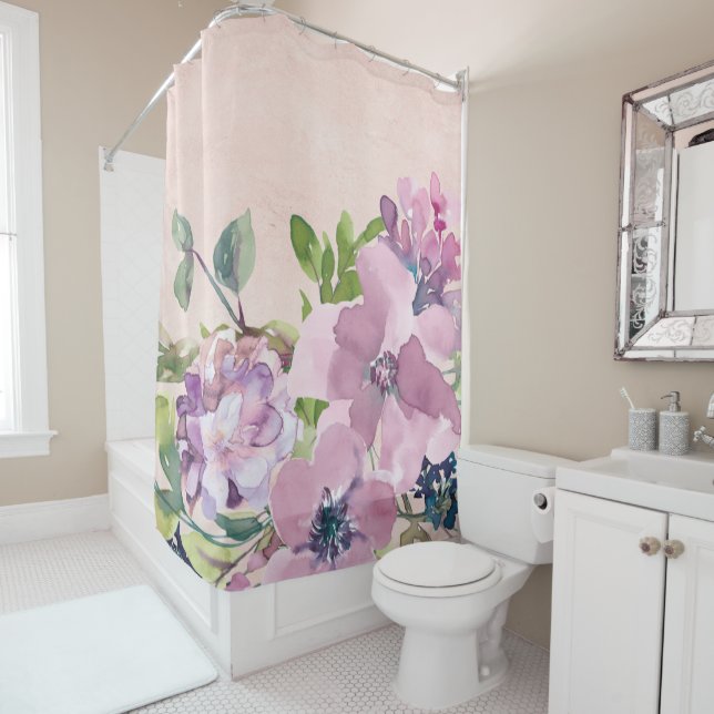 Mauve Purple Watercolor Flowers on Distressed Pink Shower Curtain (In Situ)