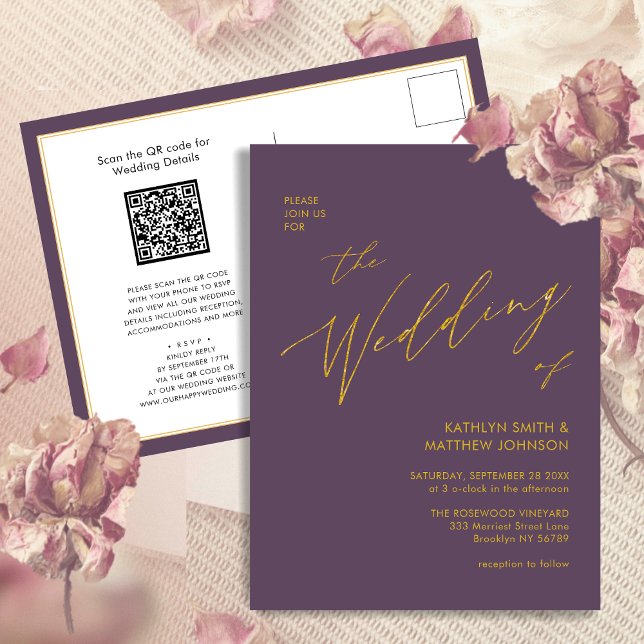Mauve QR Code All In One Gold Script Chic Wedding Invitation Postcard (Creator Uploaded)