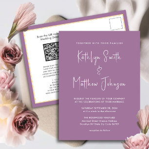 Mauve QR Code All In One Modern Script Wedding Invitation Postcard