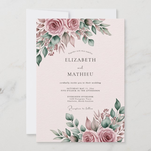 Mauve Refined Botanical Wedding Invitation (Front)