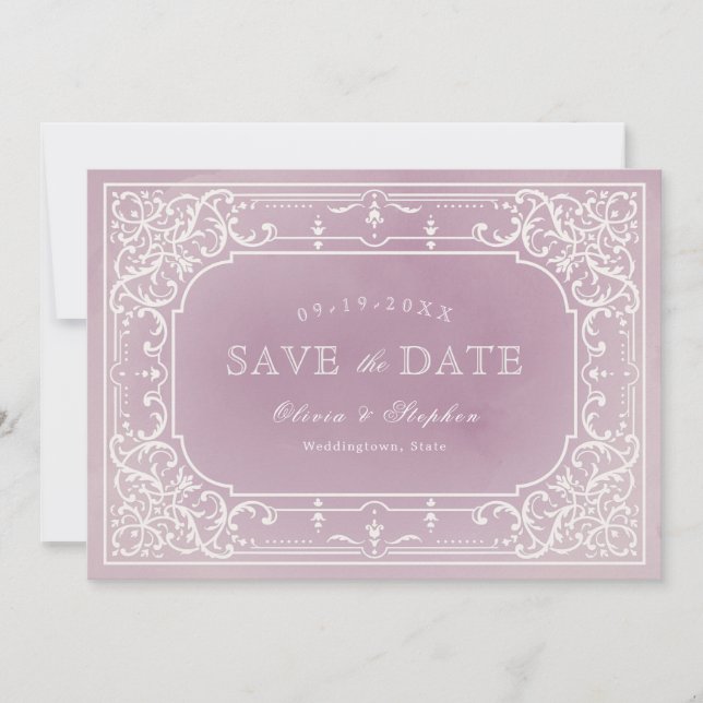 Mauve romantic vintage wedding save the date (Front)