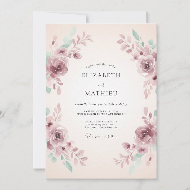 Mauve Romantic Watercolor Wedding Invitation (Front)