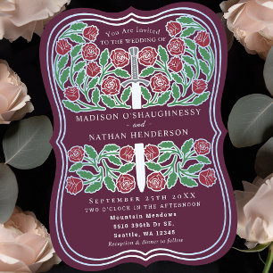 Mauve Royal Mediaeval Floral Silver Sword Wedding Invitation