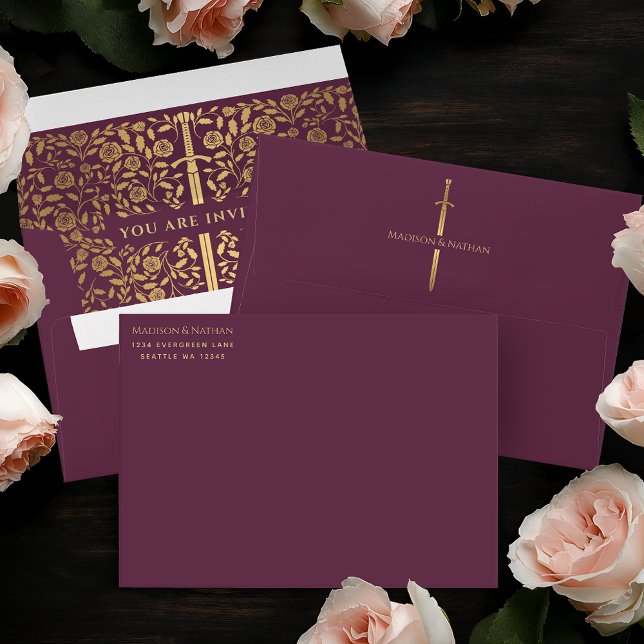 Mauve Royal Mediaeval Gold Sword Wedding Envelope (Creator Uploaded)