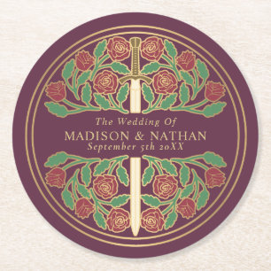 Mauve Royal Mediaeval Gold Sword Wedding Round Paper Coaster