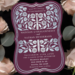 Mauve Royal Mediaeval Silver Sword Wedding Invitation