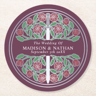 Mauve Royal Mediaeval Silver Sword Wedding Round Paper Coaster