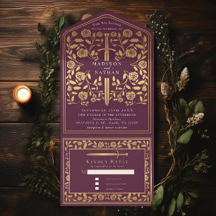 Mauve Royal Mediaeval Sword Wedding All In One Inv Invitation