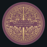 Mauve Royal Mediaeval Sword Wedding Classic Round Sticker<br><div class="desc">Celebrate your special day with this Royal Mediaeval Sword Wedding design. The design on the back of the invite is NOT real gold foil. You can customise this further by clicking on the "PERSONALIZE" button.</div>