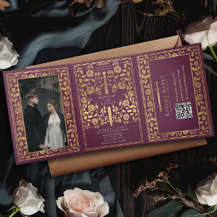 Mauve Royal Mediaeval Sword Wedding QR Code Tri-Fold Invitation
