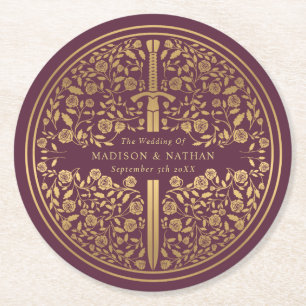 Mauve Royal Mediaeval Sword Wedding Round Paper Coaster