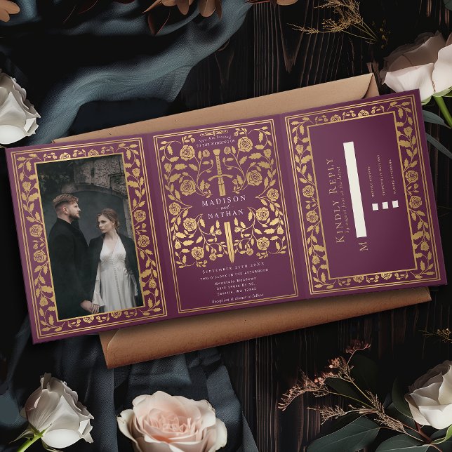Mauve Royal Mediaeval Sword Wedding Tri-Fold Invitation (Creator Uploaded)