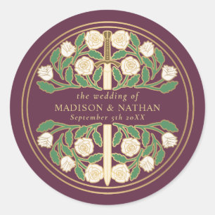 Mauve Royal Mediaeval White Floral Sword Wedding Classic Round Sticker