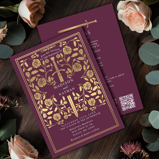 Mauve Royal Medieval Gold Sword Wedding QR Code Invitation (Creator Uploaded)