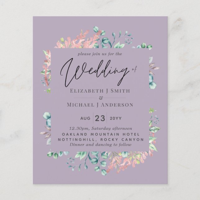 Mauve Sage Rose Gold Leaves Wedding Invites Budget (Front)