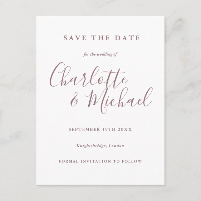 Mauve Script Wedding Save the Date Postcard (Front)