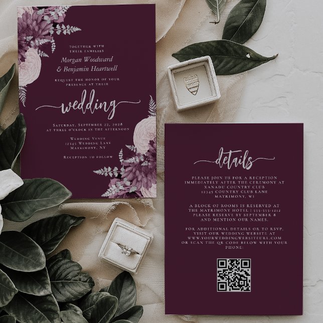 Mauve Silver Floral QR Code Wedding Invitation (Creator Uploaded)