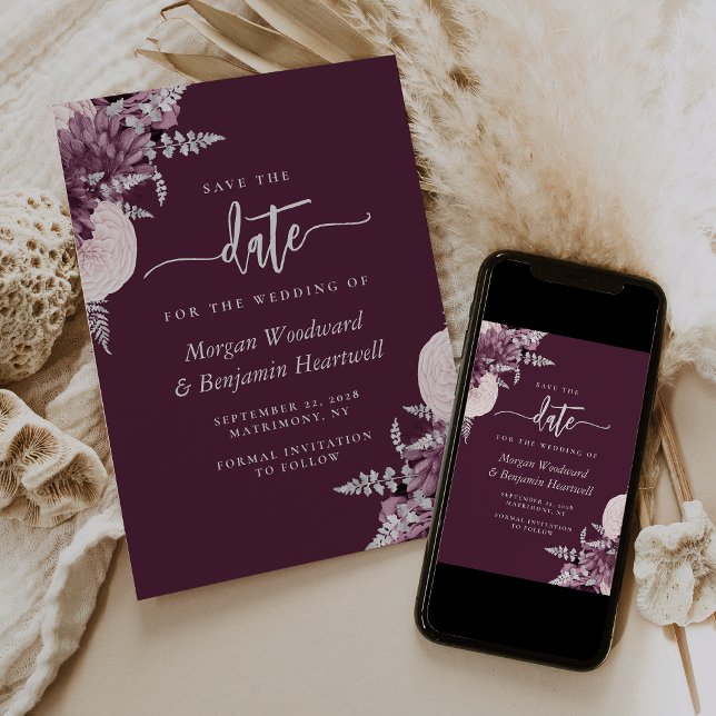 Mauve Silver Floral Wedding Save the Date Invitation (Creator Uploaded)