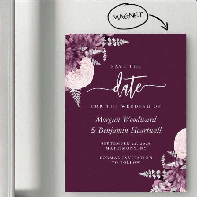 Mauve Silver Floral Wedding Save the Date Magnetic Invitation (Creator Uploaded)