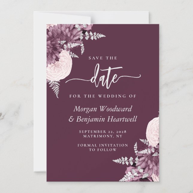 Mauve Silver Floral Wedding Save the Date Magnetic Invitation (Front)