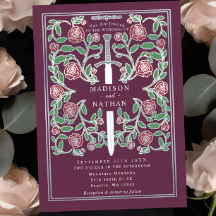Mauve Silver Sword Floral Medieval Fantasy Wedding Invitation