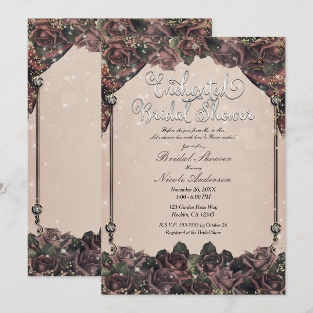 Mauve Spice Roses Glitter Sparkle Bridal Shower Invitation (Front/Back)