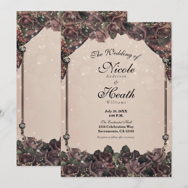 Mauve Spice Roses Glitter Sparkle Fall Wedding  Invitation (Front/Back)