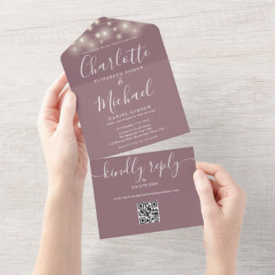 Mauve String Lights QR Code Monogram Wedding  All In One Invitation