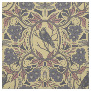 Mauve, Tan & Gray Crow & Dragonfly Floral Fabric