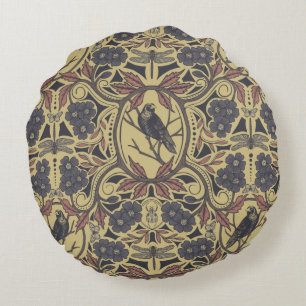 Mauve, Tan & Gray Crow & Dragonfly Floral Round Cushion