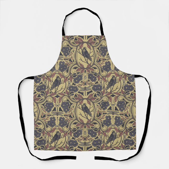 Mauve, Tan & Grey Crow & Dragonfly Floral Apron (Front)