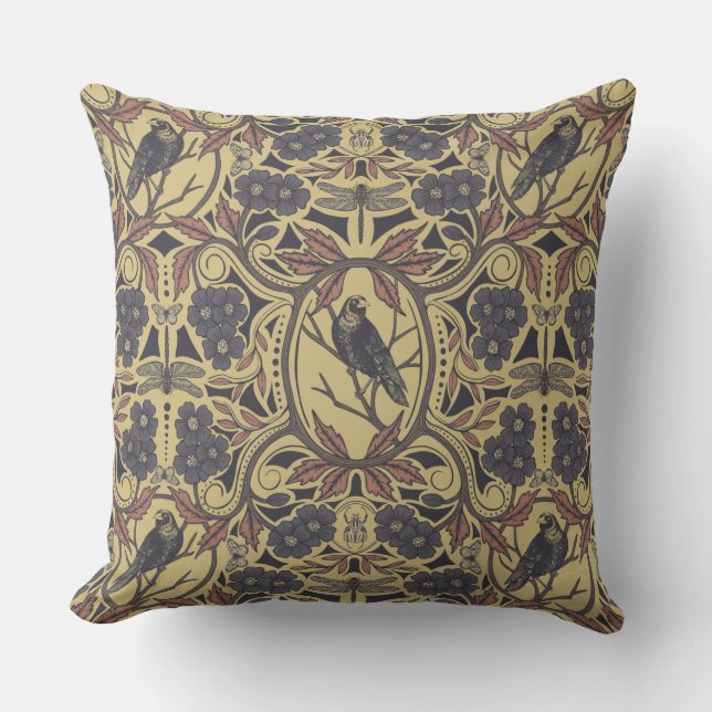 Mauve, Tan & Grey Crow & Dragonfly Floral Cushion (Front)
