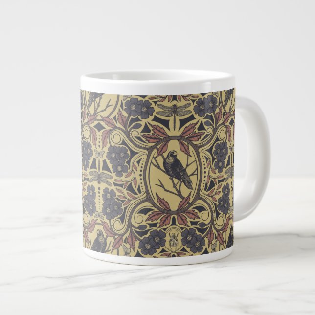 Mauve, Tan & Grey Crow & Dragonfly Floral Large Coffee Mug (Front Right)