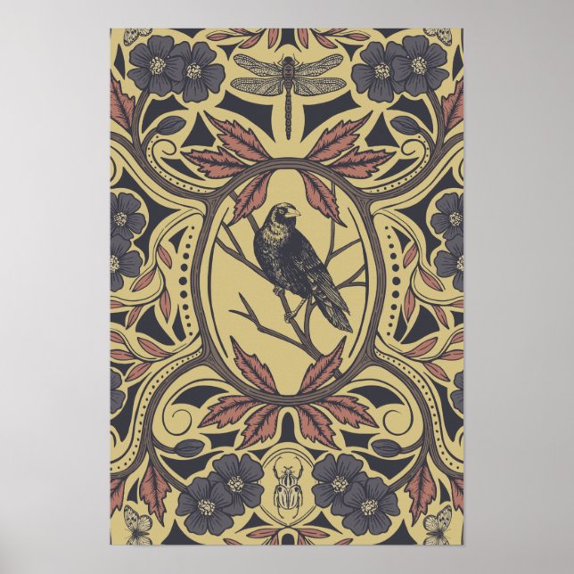 Mauve, Tan & Grey Crow & Dragonfly Floral Poster (Front)
