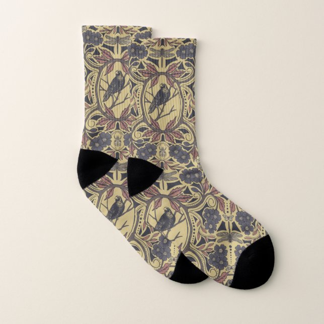 Mauve, Tan & Grey Crow & Dragonfly Floral Socks (Pair)