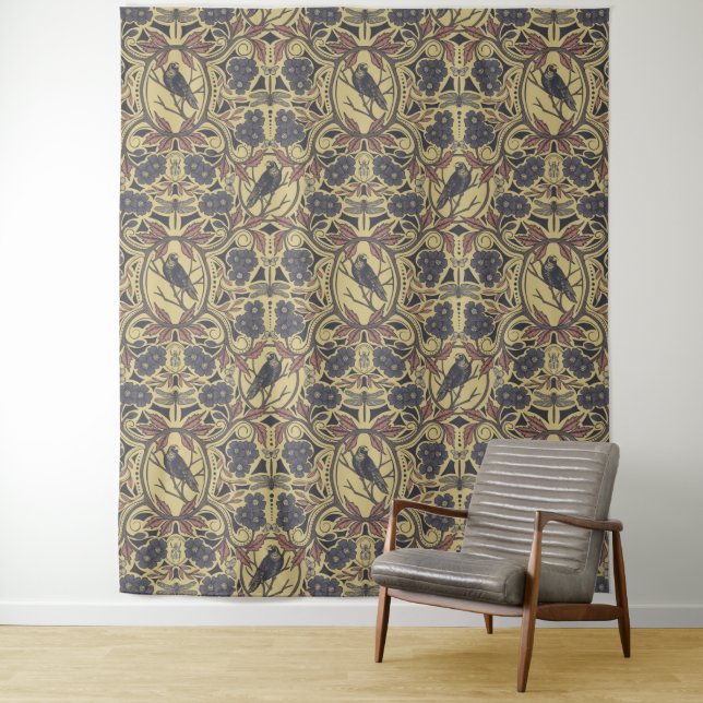 Mauve, Tan & Grey Crow & Dragonfly Floral Tapestry (In Situ)