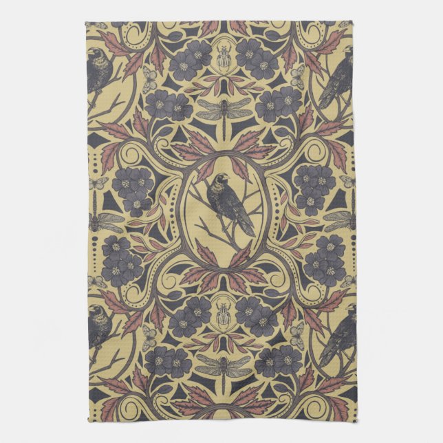 Mauve, Tan & Grey Crow & Dragonfly Floral Tea Towel (Vertical)