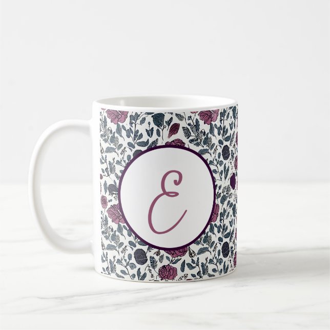 Mauve watercolor floral pattern monogram coffee mug (Left)