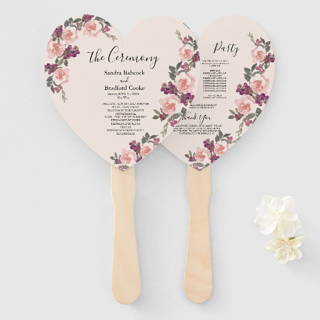 Mauve Watercolor Floral Wedding Ceremony Program   Hand Fan (Front and Back)