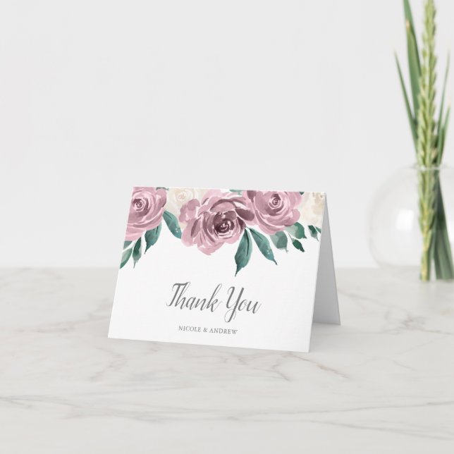 Mauve Watercolor Roses Floral Thank You Card (Front)