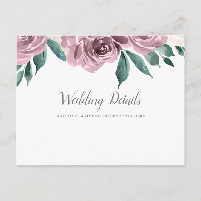 Mauve Watercolor Roses Floral Wedding Details Enclosure Card (Front)
