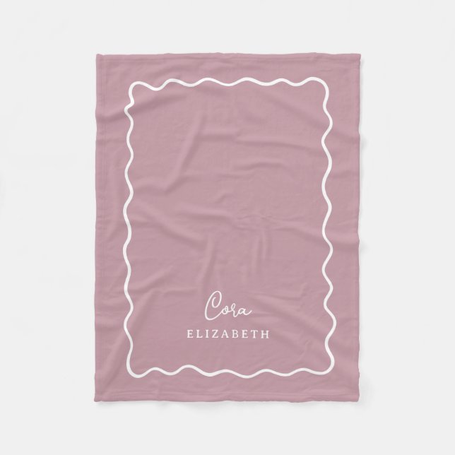 Mauve Wavy Border Monogrammed Fleece Blanket (Front)
