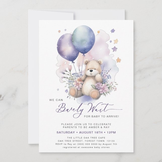 Mauve We Can Bearly Wait Girl Baby Shower Invitation (Front)