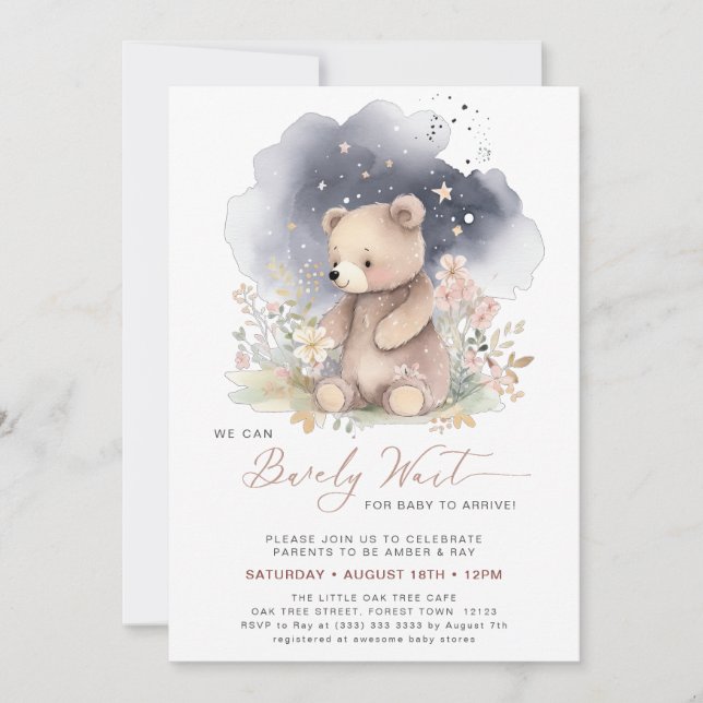Mauve We Can Bearly Wait Girl Baby Shower Invitation (Front)