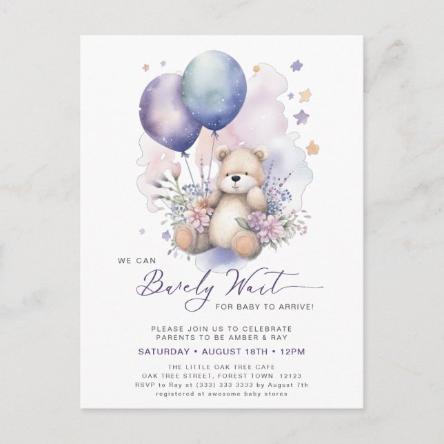 Mauve We Can Bearly Wait Girl Baby Shower Invitation Postcard (Front)